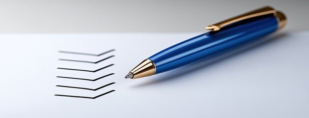 A pen rests next to a checkmark on a blank list, symbolizing task completion and organization in a clean, minimalistic setting