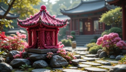 Obraz premium Serene Asian Temple Garden with Pink Yarn Pagoda and Stone Path