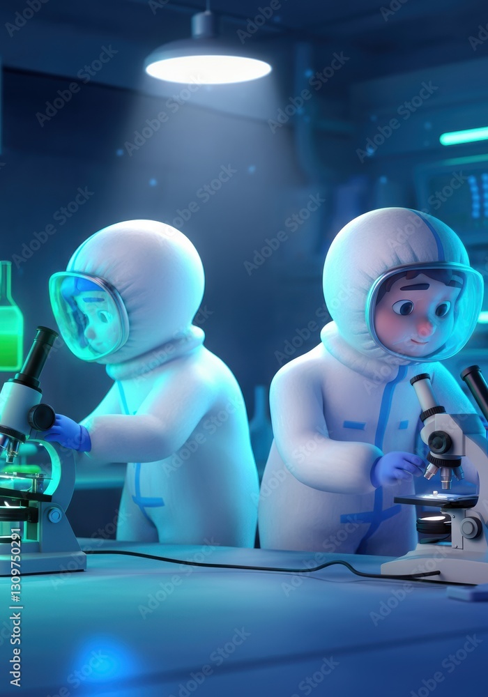 Poster scientists in protective suits working with microscopes in a lab
