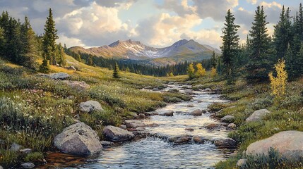 Fototapeta premium Mountain Stream, Autumn Meadow, Majestic Peaks