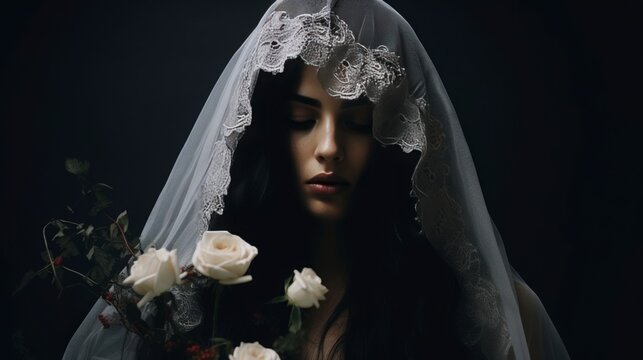 Woman in Veil with Rose Bouquet
