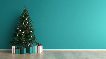 Elegant Christmas Tree Decorated with Gifts Against Turquoise Wall
