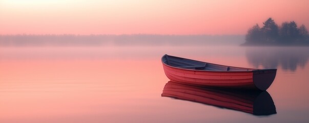 Serene Misty Lake with a Red Boat at Sunrise