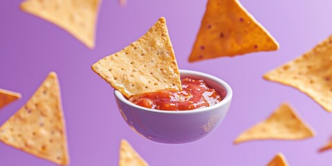 Floating cheese triangles with dipping sauce on a soft purple background