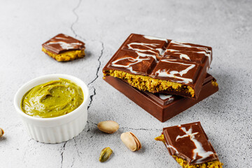 Dubai chocolate bar with pistachio paste and kadaif dough