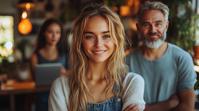 A group of three individuals stands around a kitchen island, engaged in discussion.