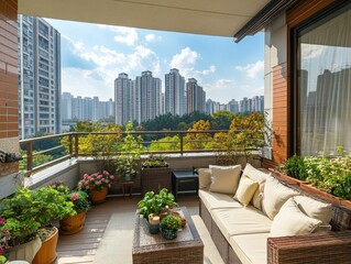 Fototapeta premium A comfortable urban balcony with city view and greenery