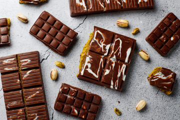 Dubai chocolate bar with pistachio paste and kadaif dough