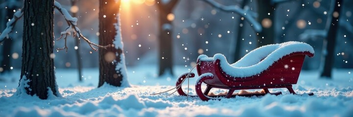 Tree with sled covered in sparkling snowflakes, snow, icy, sled
