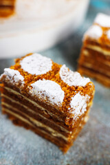 Traditional layered honey cake slices.