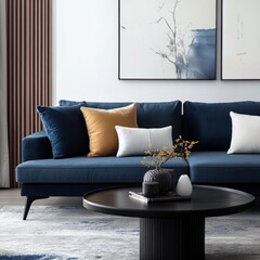 Modern living room with navy blue sofa, minimalist decor, and contemporary art.