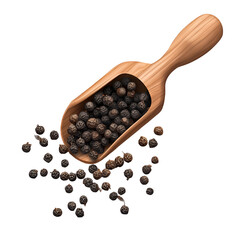 Black peppercorns in wooden scoop isolated on transparent background