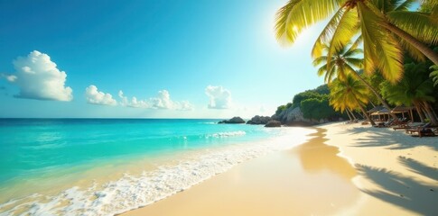 Fototapeta premium Golden sand, turquoise waves, bright sun, palm trees, background, sunset, paradise