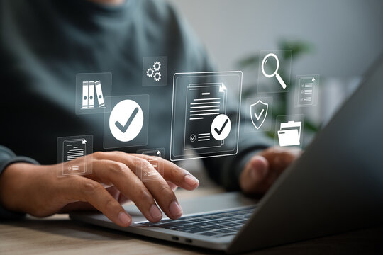 Business tracking and auditing concept, Businessman using technology track performance, Online surveys, Document approval, Business evaluation for certification compliance, Online checklist survey.