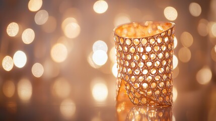 Fototapeta premium Elegant Gold Metal Candle Holder with Bokeh Lights Background