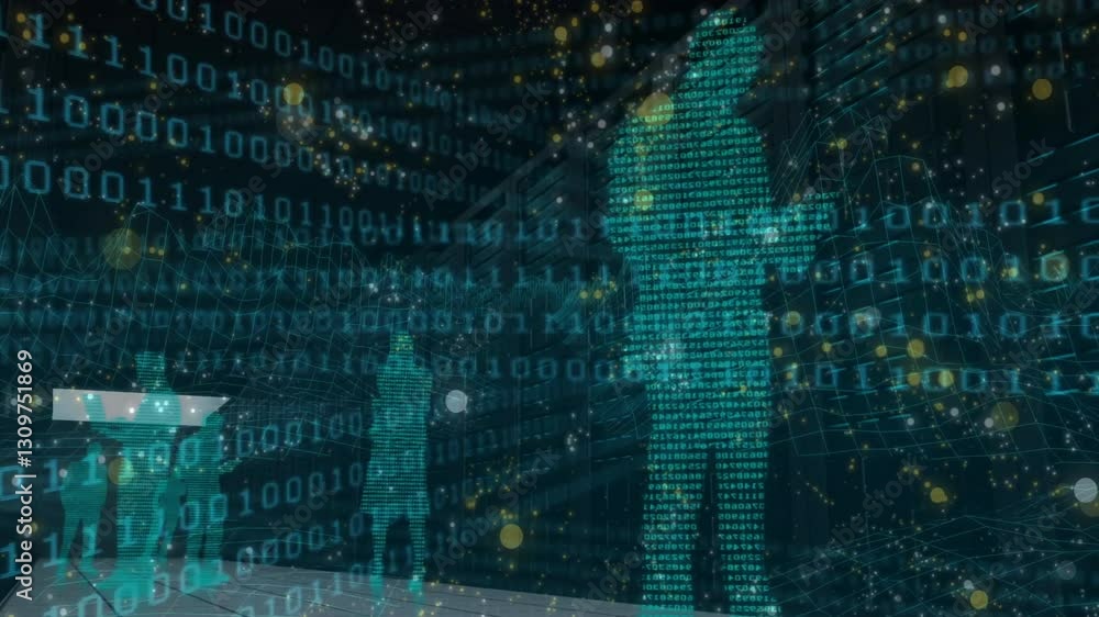 Poster animation with digital silhouettes processing data in futuristic school environment