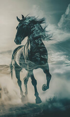 Obraz premium Ethereal horse dreamscape with nature's elements blending seamlessly in artistic vision.