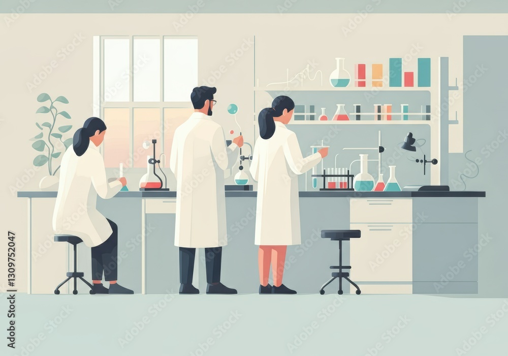 Poster scientists conducting experiments in a modern laboratory setting