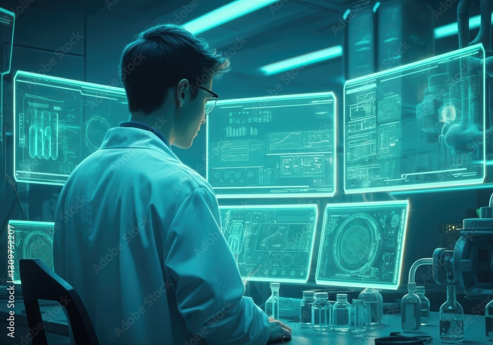 Poster scientist analyzing data on futuristic screens in a high-tech laboratory