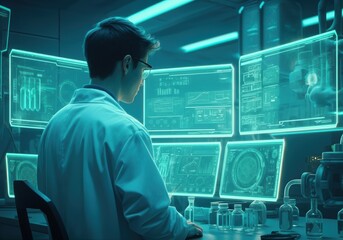 Fototapeta premium Scientist analyzing data on futuristic screens in a high-tech laboratory