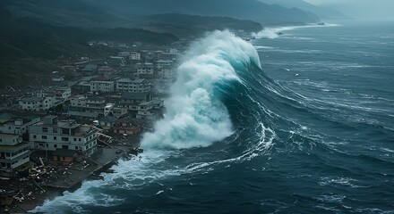 A powerful tsunami wave towering over a coastal town.