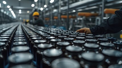Obraz premium Workers checking a long line of industrial product containers