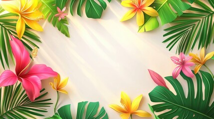 Tropical flowers frame, summer sun, white background, design template