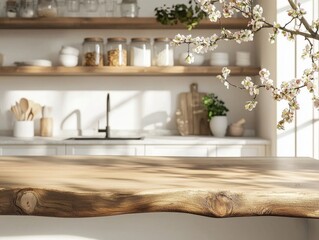 Wooden Kitchen Countertop with Spring Blossoms and Kitchen Background
