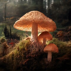 Fototapeta premium Giant mushrooms in a forest setting with white background.