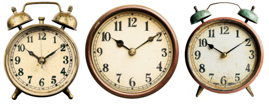 Set Of Vintage Clocks Isolated On A Transparent Background Cut Out