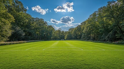 Lush green soccer field nestled within a forest under a vibrant blue sky