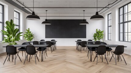 Fototapeta premium Modern Conference Room with Black Furniture and Green Plants