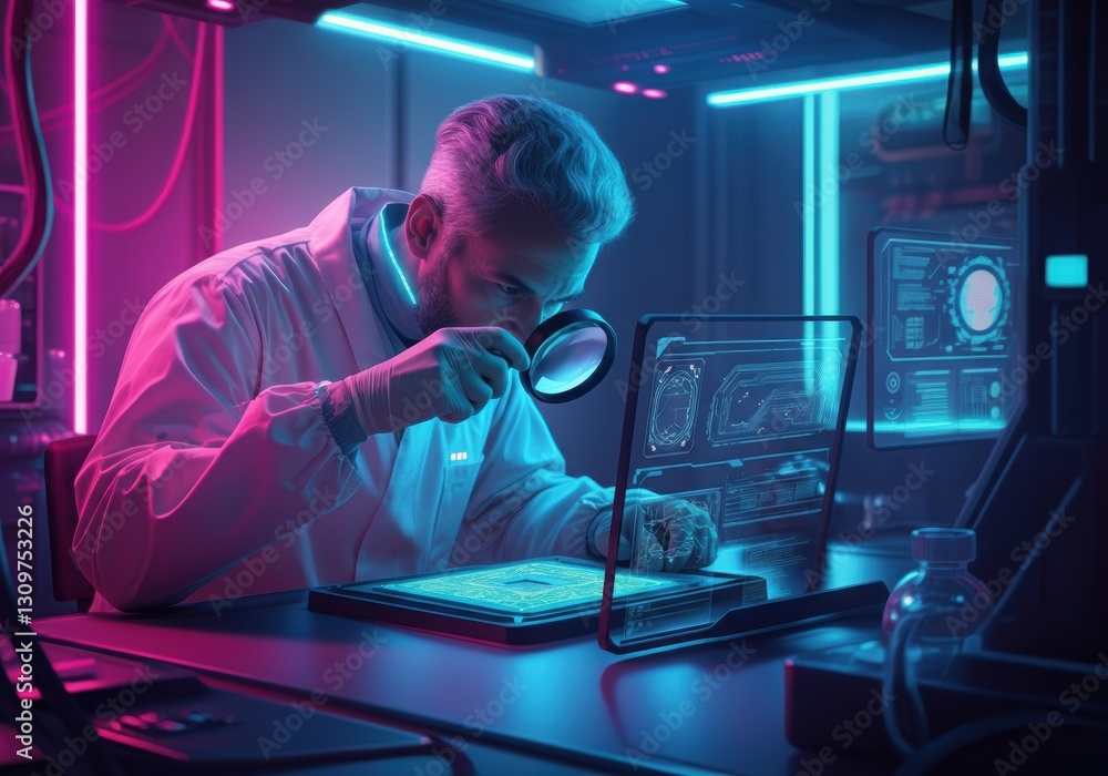 Poster scientist examining data on a futuristic tablet in a neon-lit lab