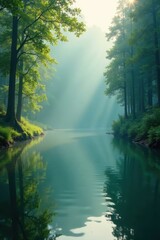 Fototapeta premium Misty morning, fly line on emerald river, forest reflects , quiet, branches, water
