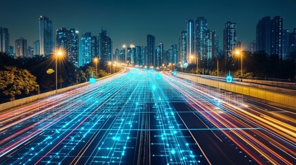 Smart City Highway Futuristic Transportation and Digital Network at Night