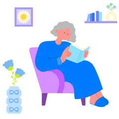 elderly woman sitting comfortably and reading, home relaxation flat vector illustration