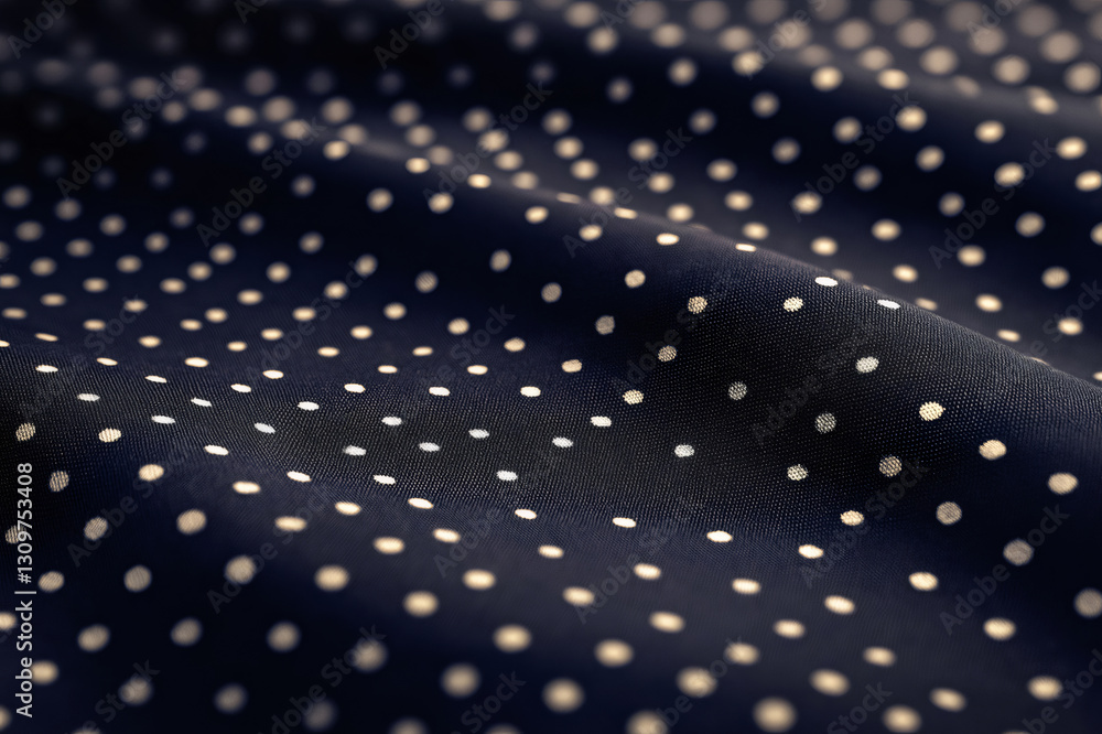 Poster close up of a luxurious dark blue fabric with a subtle white polka dot pattern, gently draped and fl