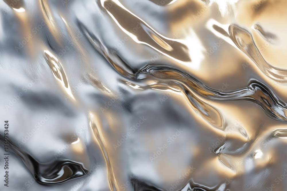 Poster silver and gold metallic gradient resembling liquid chrome flowing and waving, creating an abstract 