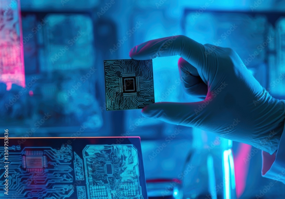 Poster scientist holding a microchip in a laboratory with glowing technology