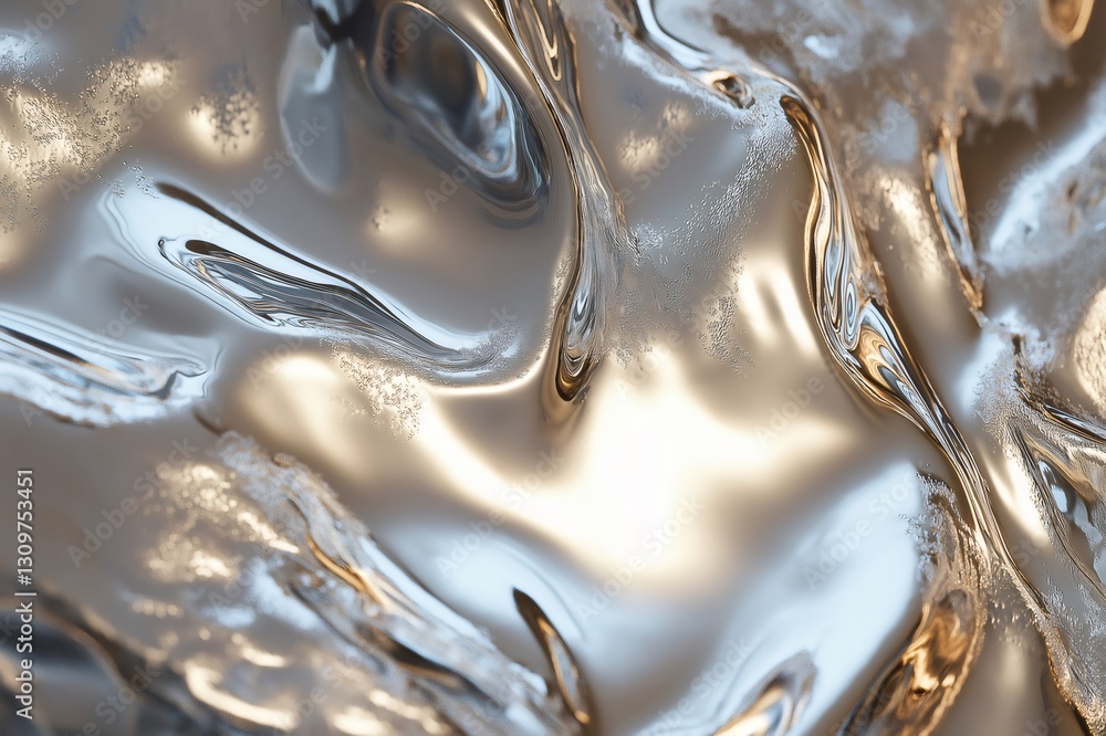 Poster metallic silver gradient resembling liquid chrome forming elegant waves and ripples, creating an abs