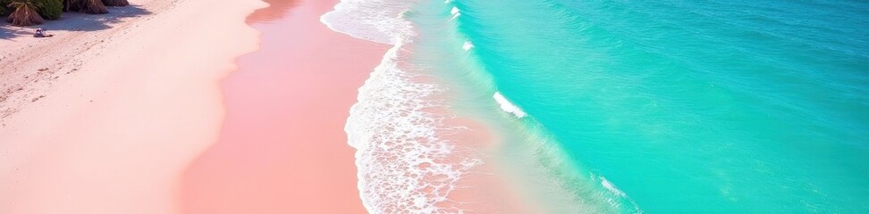 Obraz premium Stunning pink sand, crystal turquoise water High-angle shot; ample copy space , travel photography, sky, pink beach