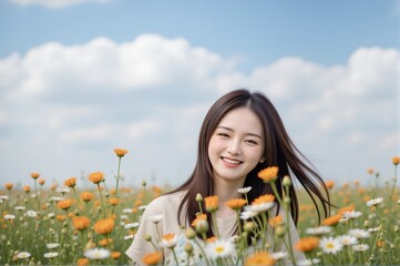 Naklejka premium Smiling Asian Woman in Flower Field: Joyful Spring Portrait with Daisies and Blue Sky, Happiness & Wellbeing