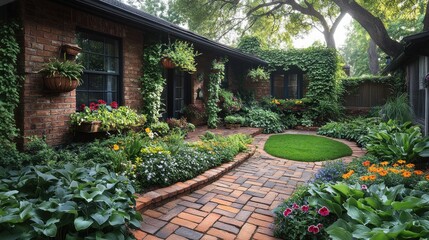 A charming, meticulously landscaped backyard garden with vibrant flowers, lush foliage, and a brick pathway
