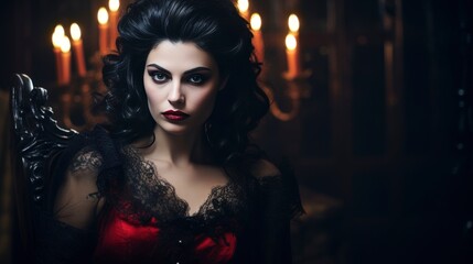 Fototapeta premium Dark Romantic Portrait with Red Dress and Candles