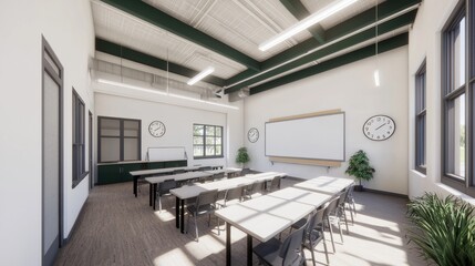 Bright Modern Classroom with Large Windows and Minimalist Design