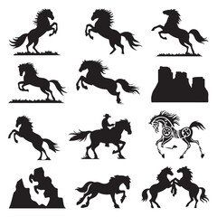 create a vector bundle pack of 9 horse silhouette A collection of black horse silhouette vector illustrations silhouette horse running, collection 