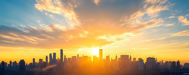 Beautiful sunrise illuminates a city skyline with bright golden light