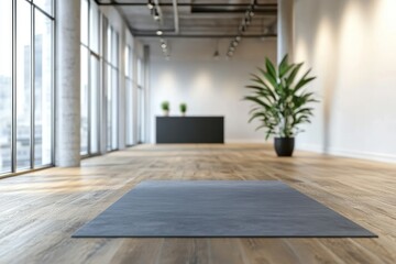 Obraz premium Yoga mat in modern studio, large windows, plants