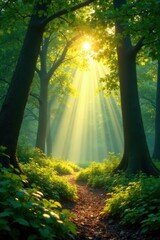Obraz premium Golden sunlight streams through emerald canopy, dappling forest floor , ray, canopy, rays
