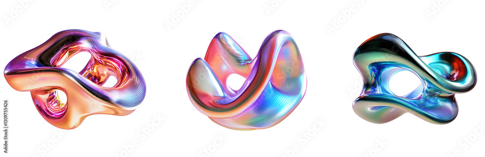 Poster 3d fluid abstract metallic holographic colored shape png set transparent background generated by ai